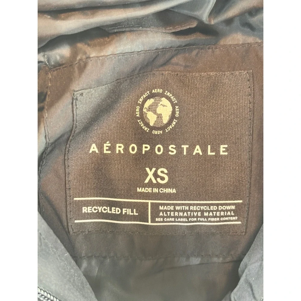 Aeropostale Mens Puffer Jacket Black Hooded Recycled Fill Quilted Coat XS